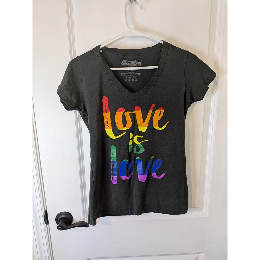 Shop4Ever Love is Love Rainbow Graphic V-Neck T-Shirt Charcoal Gray Womens Small